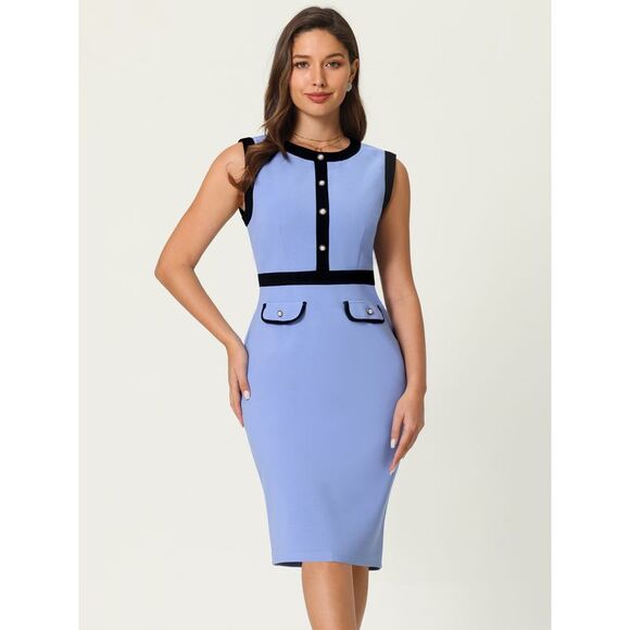 Women's Work Dresses Sleeveless Contrast Color Sheath Dress Blue - Picture 4 of 6